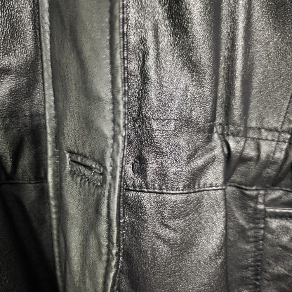 Vintage Genuine Leather Black‎ Coat Faux Fur Hood Y2K Minimalist Jacket - Picture 7 of 16